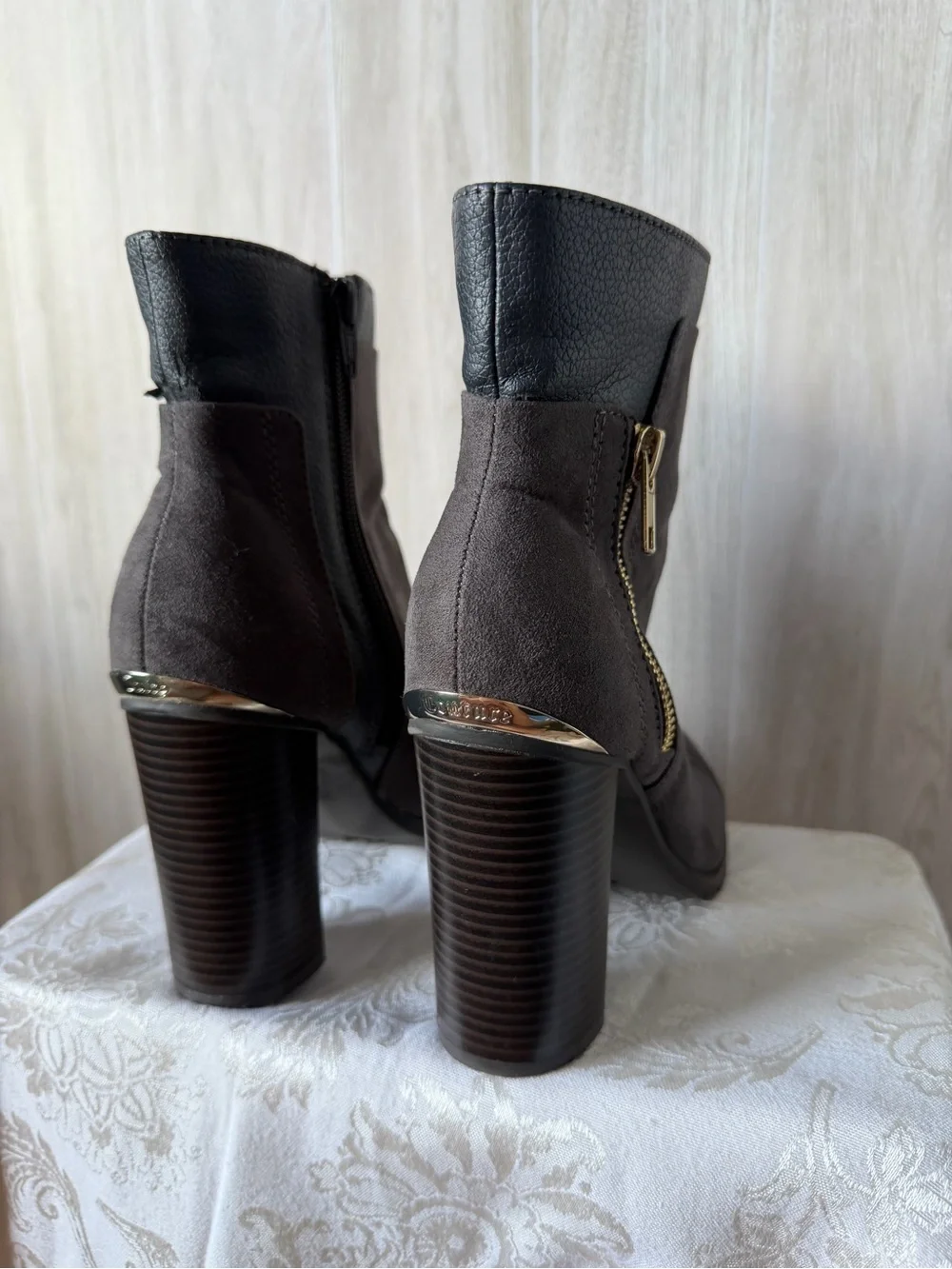 Juicy Couture Charcoal Suede Block Heel Ankle Boots with Black Cuff